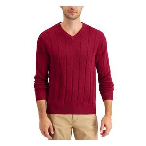 CLUBROOM Mens Burgundy V Neck Classic Fit Cotton Sweater M